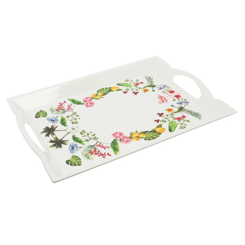Soleter 3-Piece Tropical Floral Serving Tray Set White - Rectangular Melamine Trays with Pink Flamingo, Lemon & Botanical Wreath Pattern, Integrated Handles, Premium Home Decor for Entertaining, Weddings & Special Occasions - Image 3