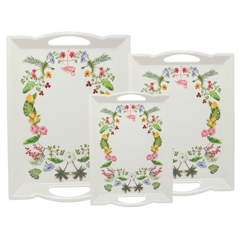 Soleter 3-Piece Tropical Floral Serving Tray Set White - Rectangular Melamine Trays with Pink Flamingo, Lemon & Botanical Wreath Pattern, Integrated Handles, Premium Home Decor for Entertaining, Weddings & Special Occasions - Image 1