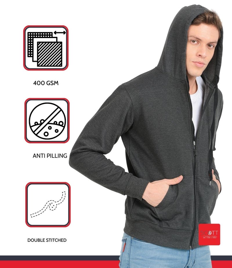 Scott International Men's Solid Cotton Hoodies Regular Fit Sweatshirts with Zipper Stylish Winter Wear with Hood and Pockets (Charcoal, Medium) - Image 4
