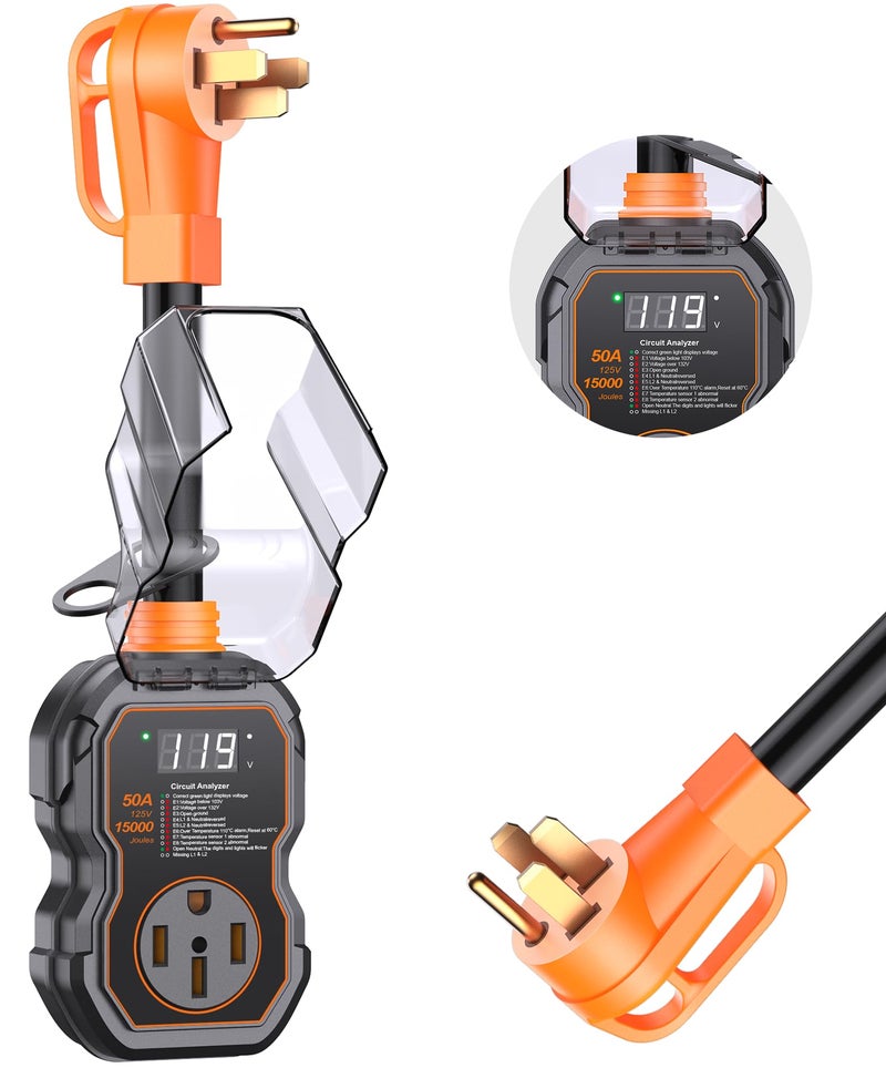 GEARGO RV Surge Protectors 50 Amp with Smart LED Display 15000 Joules RV Circuit Analyzer Waterproof with HighLow Voltage Protection RV Adapter Plug for Camper