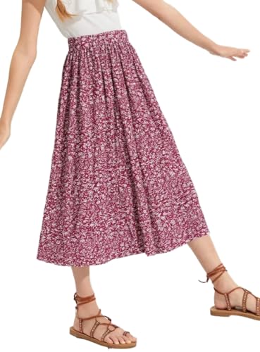 Seechoslo New 6-14 Years Girls Floral Maxi Skirt Boho Flowy A-Line Summer Midi Skirt with Elastic Waist (US, Age, 10 Years, Red) - Image 1