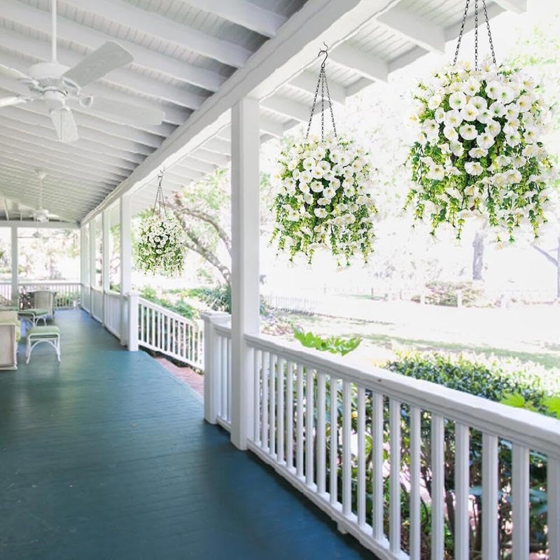Goodern Artificial Hanging Flowers Plants,2PCS Fake Hanging Plants for Indoor Outdoor Decoration Faux Silk UV Sun Protection Look Real for Wall Home Planter Porch Garden Wedding Decoration-White - Image 2