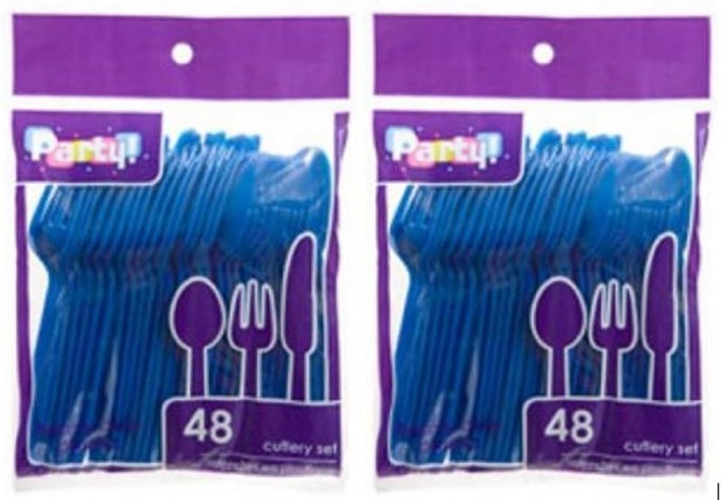 Party Blue Heavy Duty Plastic Cutlery Sets  32 Spoons 32 Forks 32 Knives  2 packs of 48 each 96 pcs total - Image 1