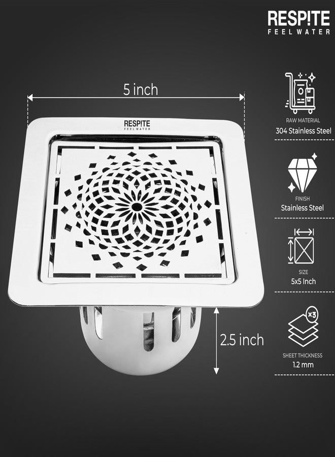RESPITE 5-Year Warranty Glamour Floor Drain 304 Stainless Steel Square Drain Cover | 5x5 Inch Floor Jali with Anti-Cockroach Trap | Bathroom & Kitchen Drainage Cover Silver (Chrome Finish) - Image 4