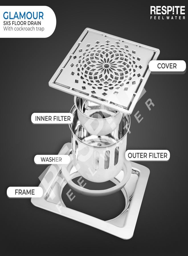 RESPITE 5-Year Warranty Glamour Floor Drain 304 Stainless Steel Square Drain Cover | 5x5 Inch Floor Jali with Anti-Cockroach Trap | Bathroom & Kitchen Drainage Cover Silver (Chrome Finish) - Image 2