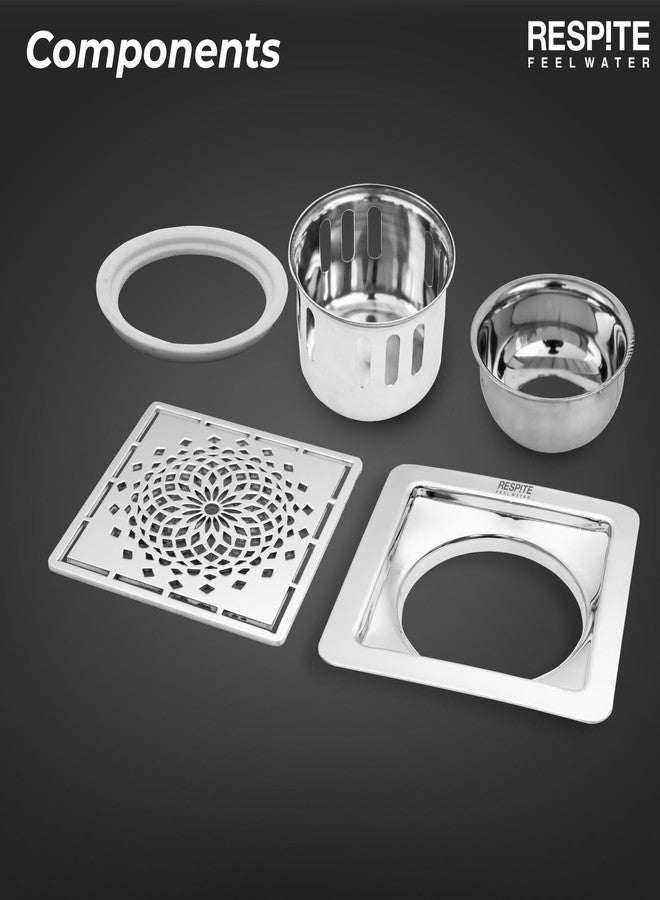 RESPITE 5-Year Warranty Glamour Floor Drain 304 Stainless Steel Square Drain Cover | 5x5 Inch Floor Jali with Anti-Cockroach Trap | Bathroom & Kitchen Drainage Cover Silver (Chrome Finish) - Image 5