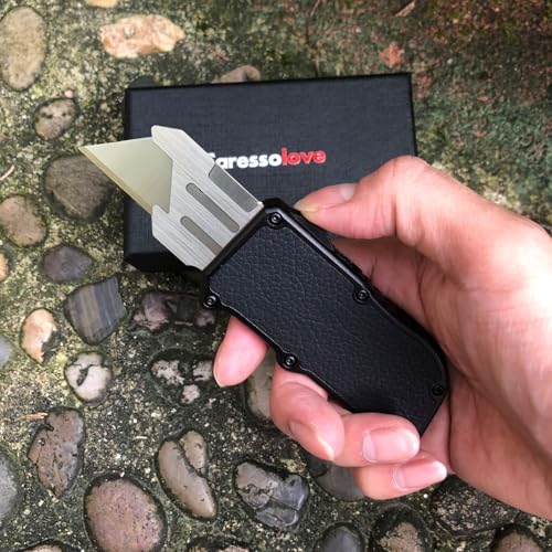 Caressolove Automatic Utility Knife, Black Razor Blades Pocket Knife, Box Cutters Retractable Heavy Duty, Premium Safety Push Button Knife with 5PCS Blades - Image 4