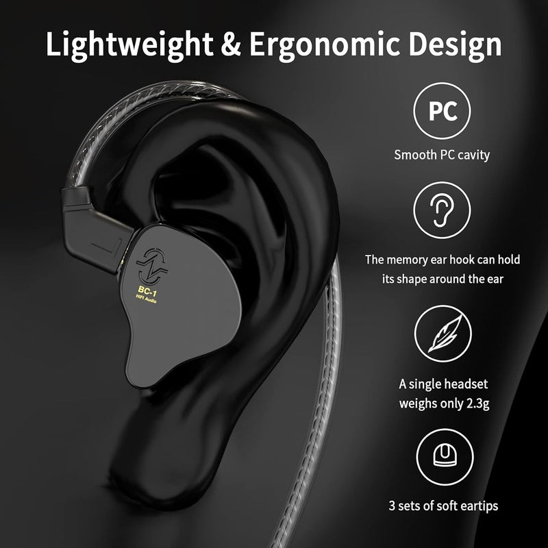 CCZ Melody in Ear Monitors,Wired Earphones without Microphone IEM HIFI Bass with 1DD 1BA, Earfins, IEM Earphones with 4N OFC Cable for Musicians, Singer, on Stage, Studio (no mic, Dark Black) - Image 3