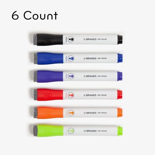 U Brands Fine Tip Dry Erase Markers with Eraser, Whiteboard Markers with Chisel tip, Low Odor, Assorted Colors, Set of 6 - Image 2