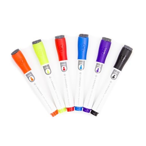 U Brands Fine Tip Dry Erase Markers with Eraser, Whiteboard Markers with Chisel tip, Low Odor, Assorted Colors, Set of 6 - Image 1