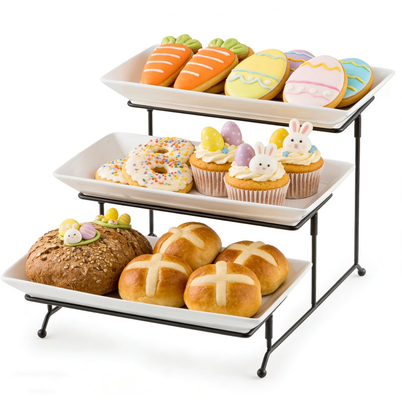 Gomakren 3 Tier Serving Trays Stand Porcelain Serving Platters 12 Inch White Serving Plates Dinner Platters for Appetizer Snack Fruit Cup Cake Tray Display Serving Dishes for Entertaining - Image 1