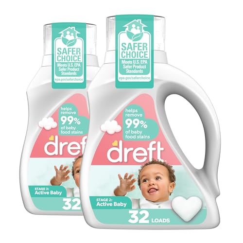 Dreft مسحوق غسيل سائل درفت للأطفال النشطين، يساعد في إزالة 99% من بقع طعام الأطفال، مضاد للحساسية، عبوة 2، 32 غسلة لكل منها - Image 1