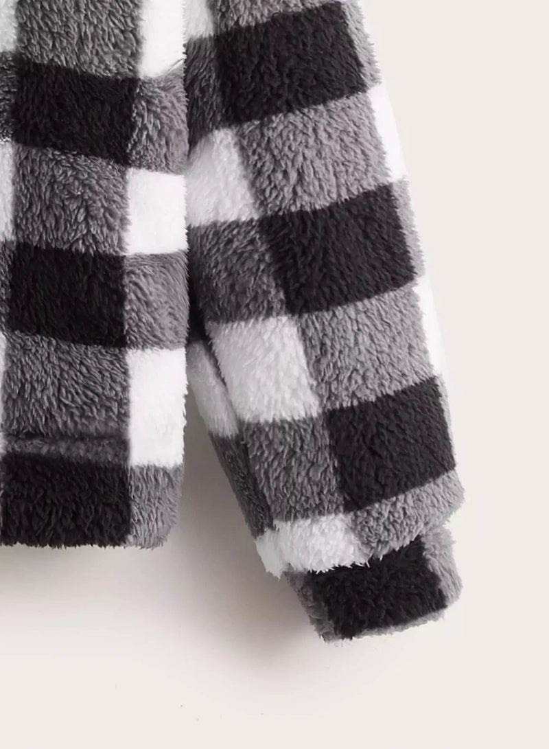 Girls Buffalo Plaid 3D Ear Design Teddy Hoodie - Image 3