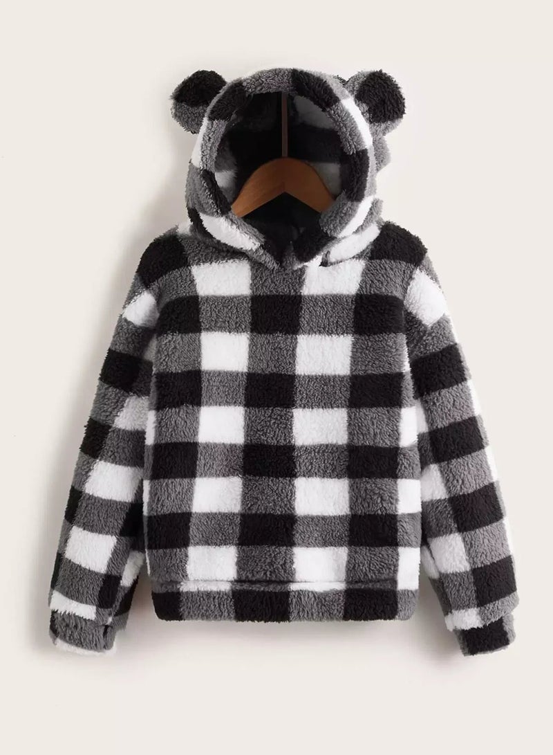Girls Buffalo Plaid 3D Ear Design Teddy Hoodie - Image 1