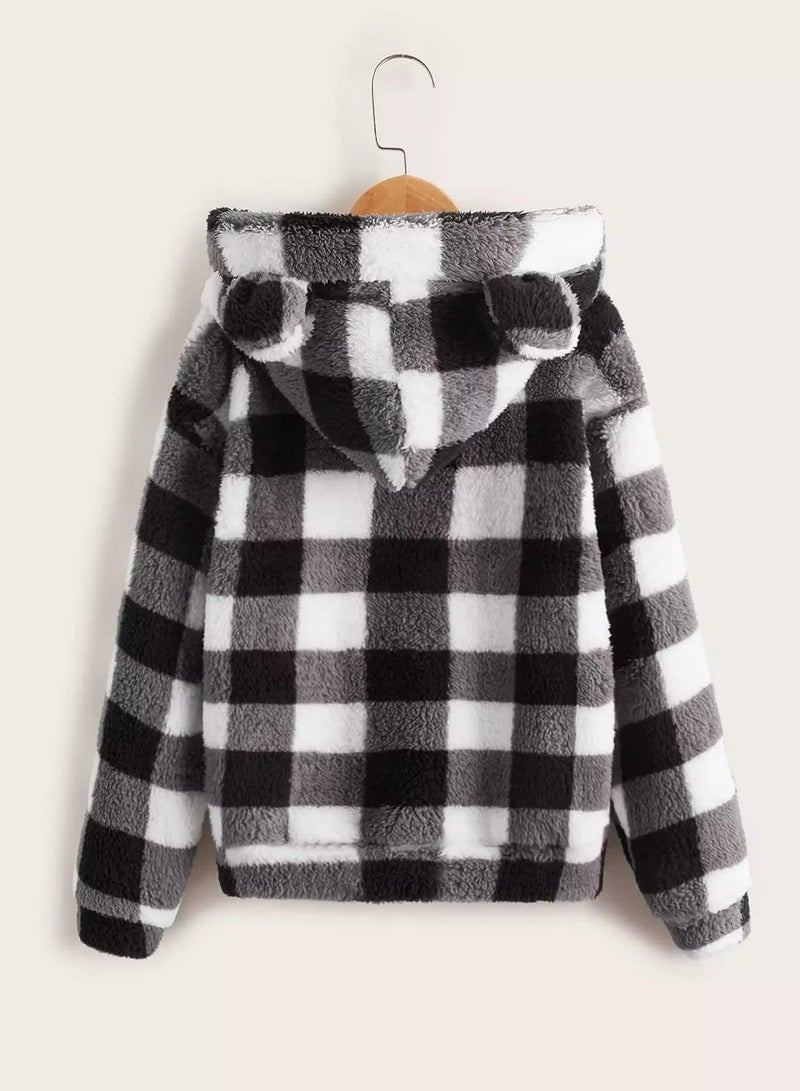 Girls Buffalo Plaid 3D Ear Design Teddy Hoodie - Image 2