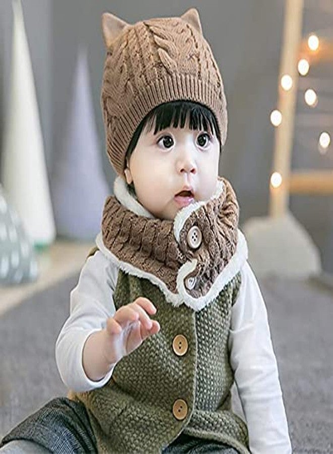 Malvina Kids Winter Beanie Cat Ear Hat and Circle Scarf Set Thick Warm Ski Knitted Fleece Lined Skull Cap (Brown)-(Fit for 1 to 4 Years) - Image 3