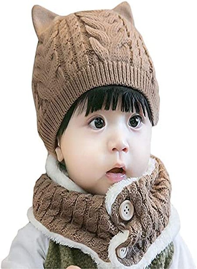 Malvina Kids Winter Beanie Cat Ear Hat and Circle Scarf Set Thick Warm Ski Knitted Fleece Lined Skull Cap (Brown)-(Fit for 1 to 4 Years) - Image 1