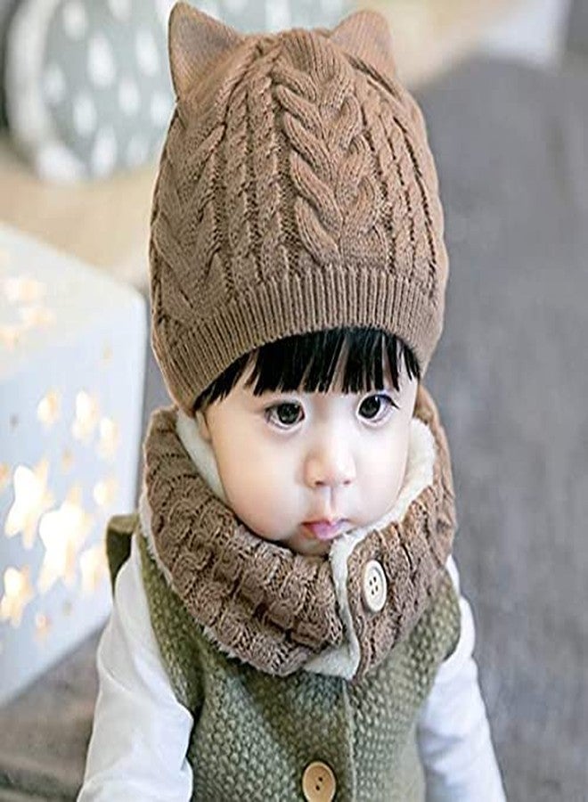 Malvina Kids Winter Beanie Cat Ear Hat and Circle Scarf Set Thick Warm Ski Knitted Fleece Lined Skull Cap (Brown)-(Fit for 1 to 4 Years) - Image 2