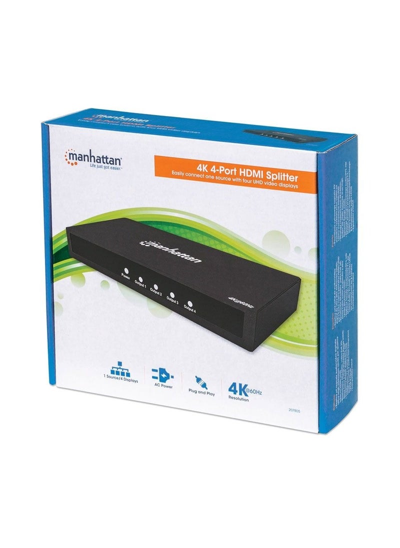 مانهاتن - موزع HDMI مانهاتن بأربعة منافذ 4K@60Hz يعمل بالتيار المتردد، فيديو ثلاثي الأبعاد كامل، ألوان عميقة ونطاق ديناميكي عالي HDR - أسود - Image 1