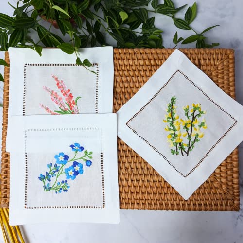 HCRAFT Embroidered White Cloth Napkins - Mixed Hyacinth Bulbs Design, Square 6"x6" With Ladder Hemstitch, Perfect For Christmas Parties - Set of 6 - Image 4