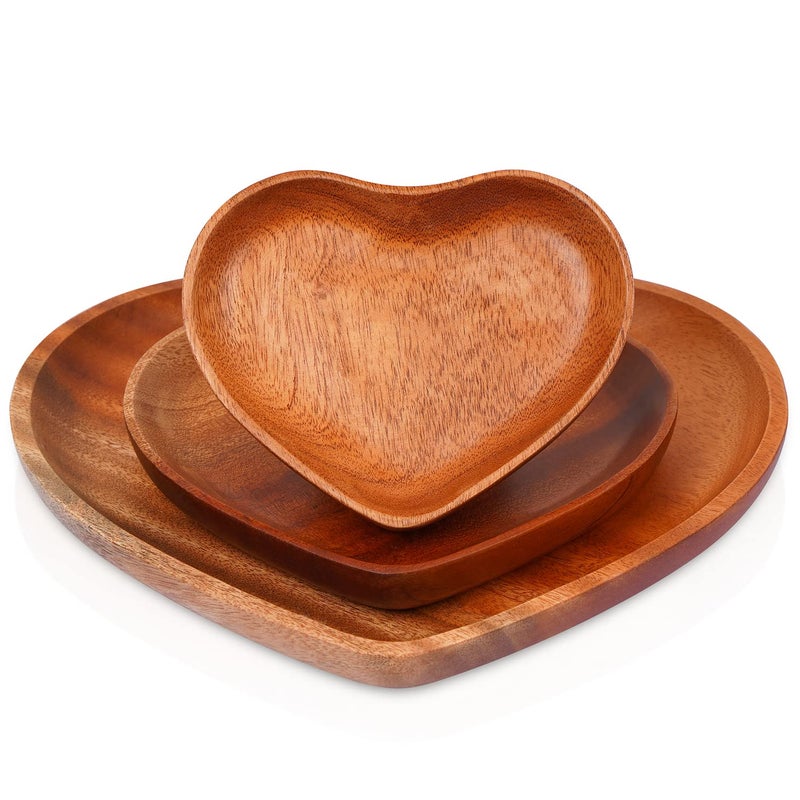 VieWood Heart Wooden Plates Set of 3 Unbreakable Classic Appetizer Plates Easy Cleaning  Light weight for Dishes Snack Dessert Khaya 41  63  87