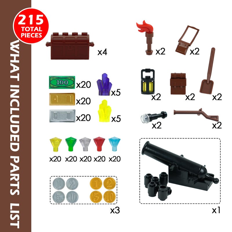 BroTex Pirates Treasure Chest Money Dollars, Silver Golden Gems Crystals Bag Torch Cannon Bricks Accessories Pack, Building Blocks Toys - Image 5