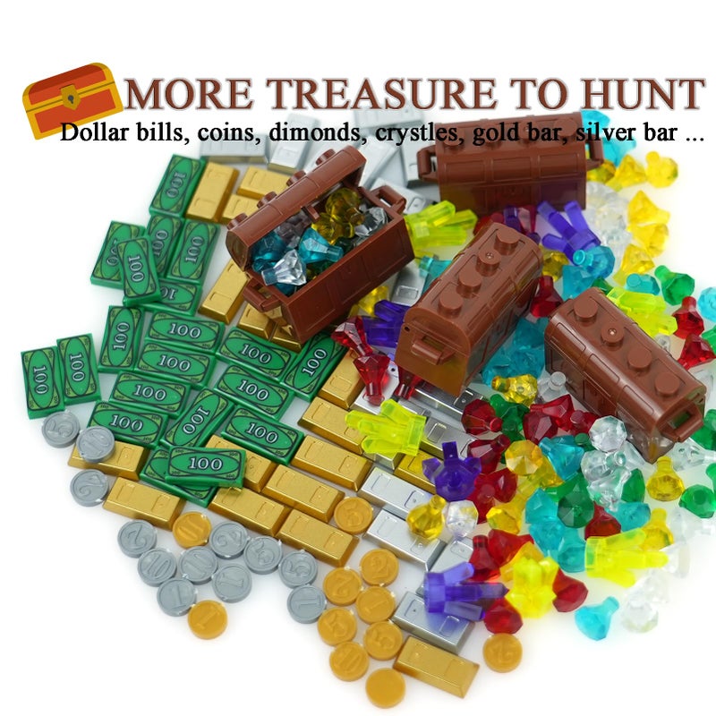 BroTex Pirates Treasure Chest Money Dollars, Silver Golden Gems Crystals Bag Torch Cannon Bricks Accessories Pack, Building Blocks Toys - Image 3