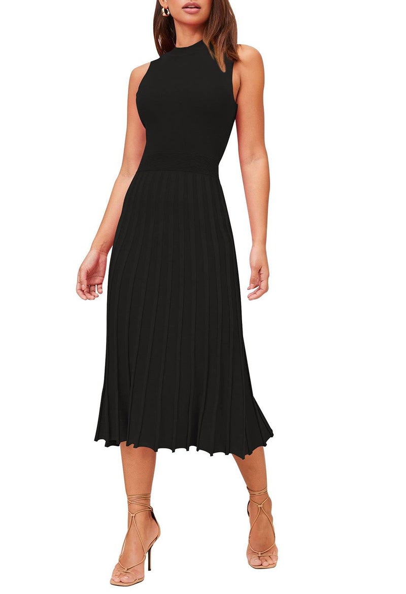 Pink Queen Women's Summer Crew Neck Sleveless Party Cocktail Swing Bodycon Ribbed Knit Midi Long Dress Black M - Image 1