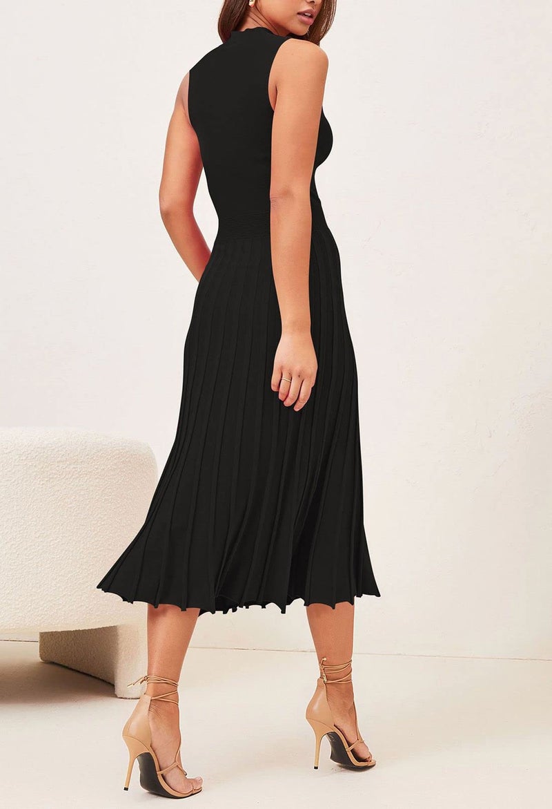 Pink Queen Women's Summer Crew Neck Sleveless Party Cocktail Swing Bodycon Ribbed Knit Midi Long Dress Black M - Image 2