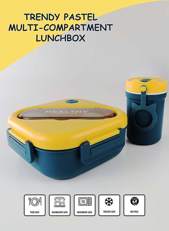توشيونيكس مجموعة صندوق غداء بينتو بلاستيكي محمول بسعة 1300 لتر مع كوب حساء سعة 330 مل وشوكة وفتحة أدوات مائدة مدمجة على الغطاء، حاوية طعام بثلاثة أقسام - آمنة للاستخدام في الفريزر وغسالة الأطباق والميكروويف، صندوق طعام مانع للتسرب ومحكم الإغلاق مع ثلاثة أقسام، خالٍ من مادة BPA، خفيف الوزن، متين وقابل لإعادة التدوير للبالغين والأطفال - مثالي للاستخدام في المنزل والمكتب والسفر ومراكز الرعاية النهارية ومرحلة ما قبل المدرسة وصندوق غداء العودة إلى المدرسة - 17 × 17 × 6 سم - Image 3