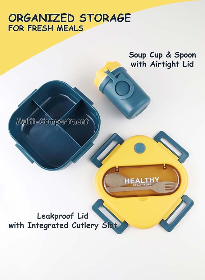 توشيونيكس مجموعة صندوق غداء بينتو بلاستيكي محمول بسعة 1300 لتر مع كوب حساء سعة 330 مل وشوكة وفتحة أدوات مائدة مدمجة على الغطاء، حاوية طعام بثلاثة أقسام - آمنة للاستخدام في الفريزر وغسالة الأطباق والميكروويف، صندوق طعام مانع للتسرب ومحكم الإغلاق مع ثلاثة أقسام، خالٍ من مادة BPA، خفيف الوزن، متين وقابل لإعادة التدوير للبالغين والأطفال - مثالي للاستخدام في المنزل والمكتب والسفر ومراكز الرعاية النهارية ومرحلة ما قبل المدرسة وصندوق غداء العودة إلى المدرسة - 17 × 17 × 6 سم - Image 2