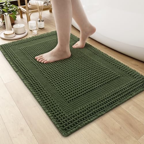 AMOAMI Waffle BathMat Absorbent Bath Mats for Bathroom Non Slip Machine Washable Bathroom Rugs with Tassels Ultra Soft Boho Bath Rugs for Floor 24x36 Dark Green - Image 1