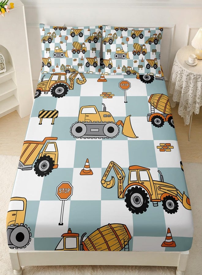AILONEN Cute Excavator Fitted Sheet Set Twin XL Size,Construction Excavator Tractor Bed Sheet Set for Kids,3Pcs Blue White Checkerboard Pattern Fitted Sheet with 2 Pillowcases - Image 1