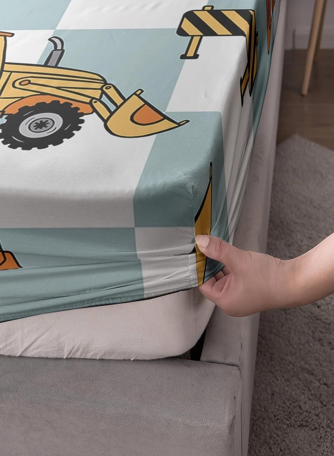 AILONEN Cute Excavator Fitted Sheet Set Twin XL Size,Construction Excavator Tractor Bed Sheet Set for Kids,3Pcs Blue White Checkerboard Pattern Fitted Sheet with 2 Pillowcases - Image 4