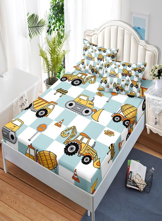 AILONEN Cute Excavator Fitted Sheet Set Twin XL Size,Construction Excavator Tractor Bed Sheet Set for Kids,3Pcs Blue White Checkerboard Pattern Fitted Sheet with 2 Pillowcases - Image 3