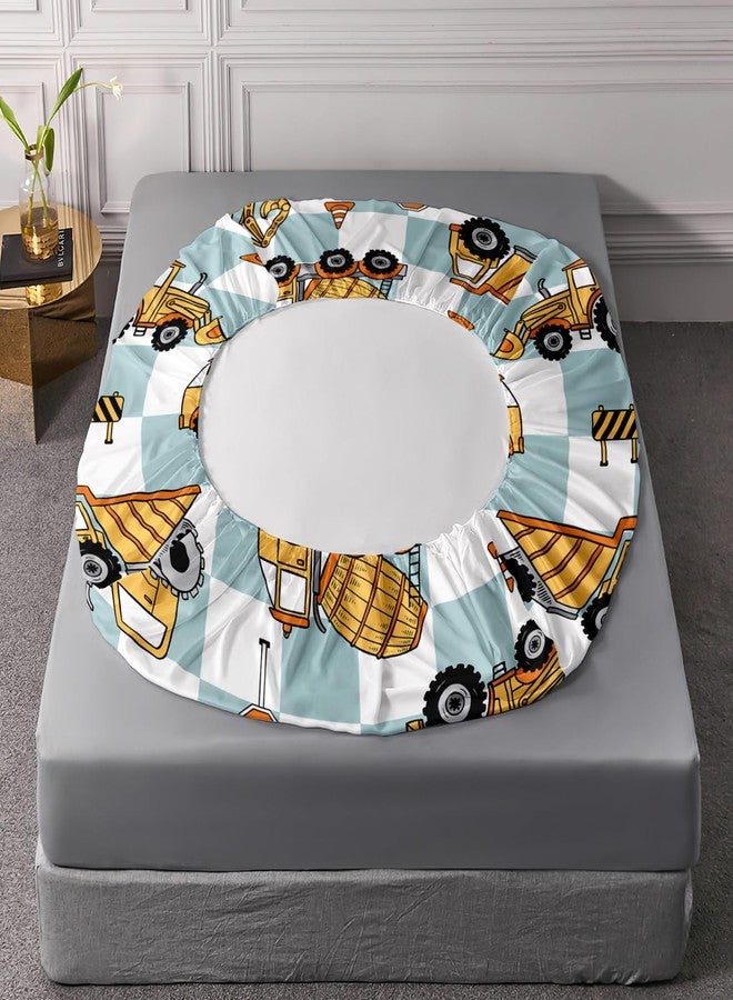 AILONEN Cute Excavator Fitted Sheet Set Twin XL Size,Construction Excavator Tractor Bed Sheet Set for Kids,3Pcs Blue White Checkerboard Pattern Fitted Sheet with 2 Pillowcases - Image 5