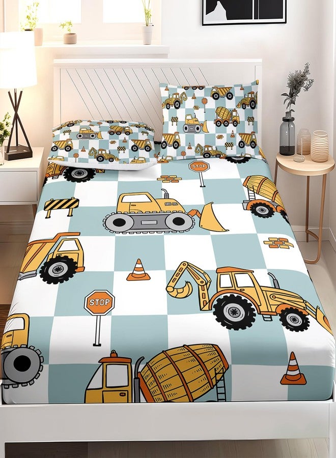 AILONEN Cute Excavator Fitted Sheet Set Twin XL Size,Construction Excavator Tractor Bed Sheet Set for Kids,3Pcs Blue White Checkerboard Pattern Fitted Sheet with 2 Pillowcases - Image 2