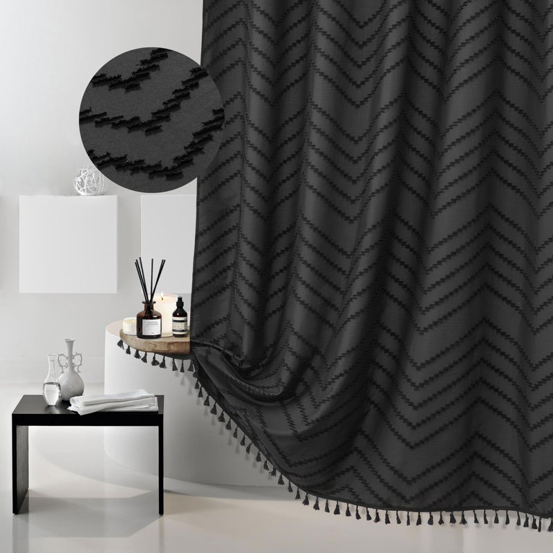 Siiluminisoy Extra Long Black Boho Shower Curtain with Tassel Woven Fabric 84 in Shower Curtain 72 x 84 Tufted Chevron Striped Modern Chic Textured Minimalist Bathroom Shower Curtain