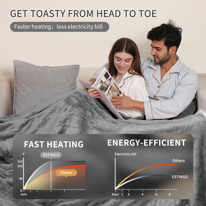 ESTINGO Electric Blanket King with Dual Control, King Heated Blanket with 5 Heating Levels & 10 Hours Auto Off, Heating Blanket with Timer 100" x 90", Cool Gray - Image 4
