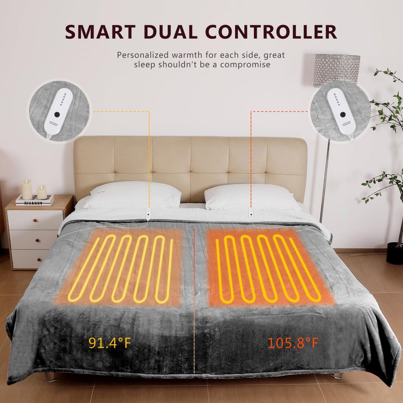 ESTINGO Electric Blanket King with Dual Control, King Heated Blanket with 5 Heating Levels & 10 Hours Auto Off, Heating Blanket with Timer 100" x 90", Cool Gray - Image 2