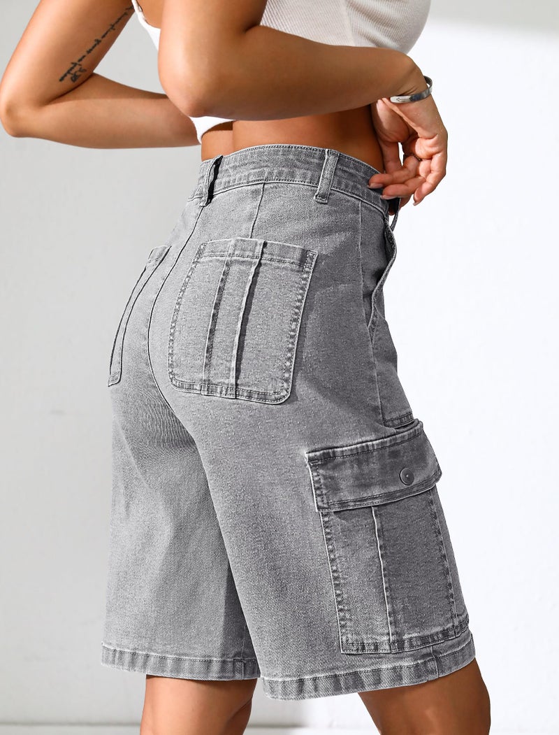 Eddoyee Bermuda Cargo Jorts for Women Denim Jean Shorts Casual Long Knee Length High Waisted Stretch Wide Leg Relaxed Fit(Gray Jean, Large) - Image 2