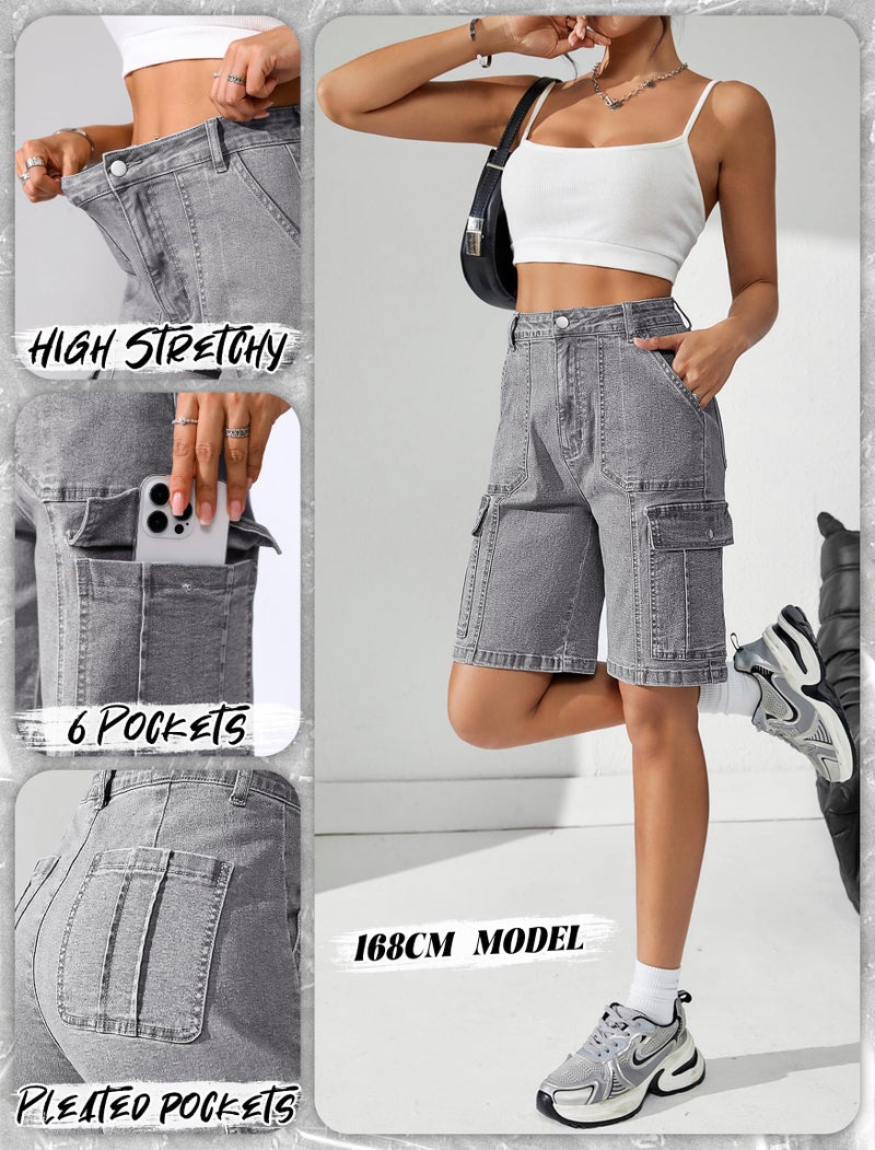 Eddoyee Bermuda Cargo Jorts for Women Denim Jean Shorts Casual Long Knee Length High Waisted Stretch Wide Leg Relaxed Fit(Gray Jean, Large) - Image 4