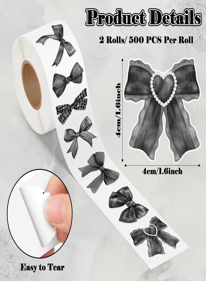 A1diee Black White Coquette Bow Sticker - 1000Pcs Watercolor Aesthetic Decoration Vintage Waterproof Bow Aesthetic for Girls Scrapbook Crafts Laptop Party Favors Water Bottle, 2 Rolls 16 Patterns - Image 2