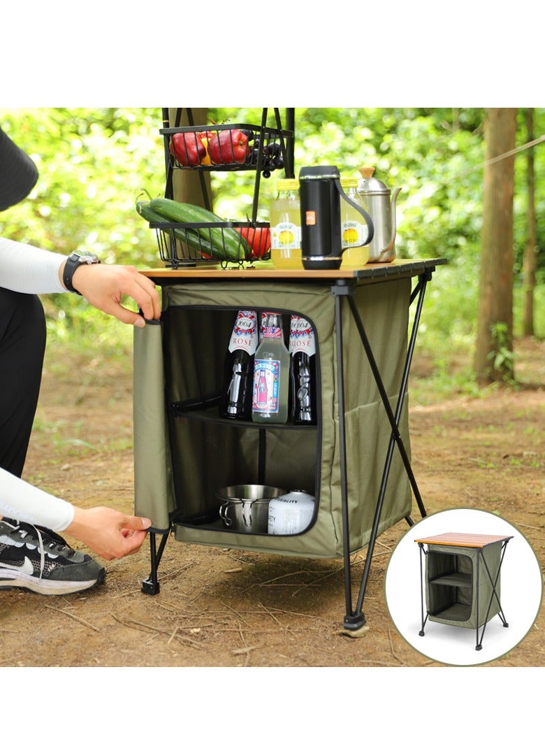 XiuWoo 2 in 1 Foldable Camping Kitchen Unit, 4 Shelf Metal Storage Cupboard, Wood Camping Desk, Outdoor Garden Picnic, Waterproof Kitchen Station, Hiking Cook Table, Camping Furniture  with Carry Bag - Image 1