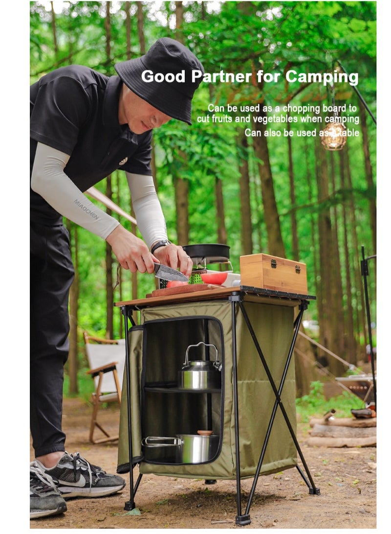 XiuWoo 2 in 1 Foldable Camping Kitchen Unit, 4 Shelf Metal Storage Cupboard, Wood Camping Desk, Outdoor Garden Picnic, Waterproof Kitchen Station, Hiking Cook Table, Camping Furniture  with Carry Bag - Image 3