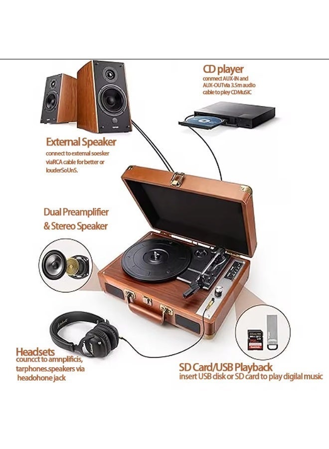 FlashHawk Record Player - 3-Speed Bluetooth Suitcase Portable Belt-Driven Vinyl Player with Built-in Speakers RCA Out AUX in - Image 3