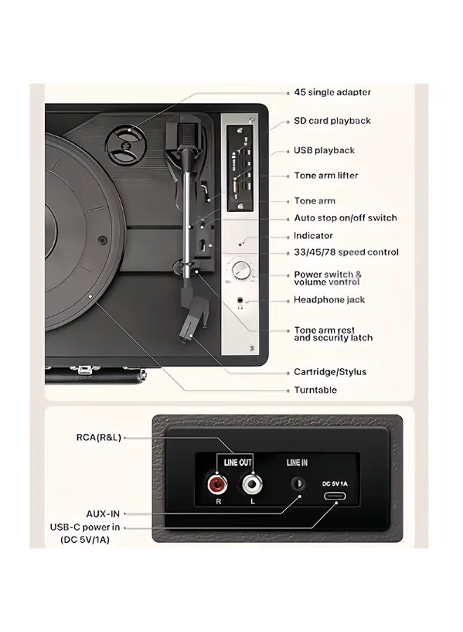 FlashHawk Record Player - 3-Speed Bluetooth Suitcase Portable Belt-Driven Vinyl Player with Built-in Speakers RCA Out AUX in - Image 2