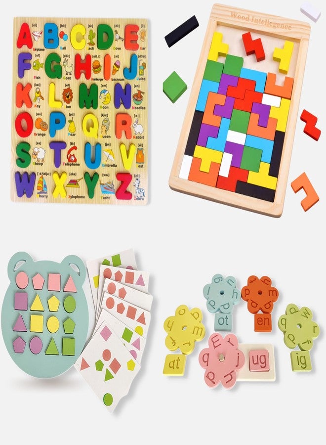 SubiMouIQ Montessori Wooden 3-Letter Word Matching Puzzle Board - (5 Set Pairing), Alphabet Visual Boar, Math Peg Geometric Board, Russian Jigsaw Puzzle(Educational Gift Set Combo) (Pack of Four) - Image 1