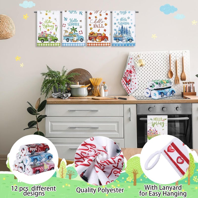 FuWeave 12 Pcs Seasonal Kitchen Towels Set for All Holidays Hand Dish Tea Towels Gift Bulk Christmas Absorbent Dishcloths Housewarming Gift for Cooking Kitchen Bathroom(Truck Style) - Image 3