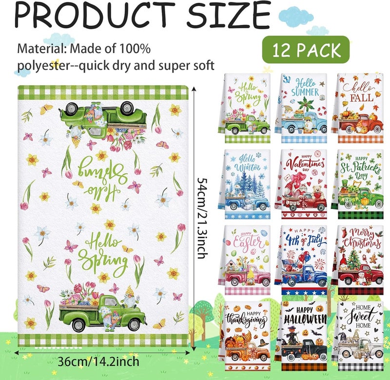 FuWeave 12 Pcs Seasonal Kitchen Towels Set for All Holidays Hand Dish Tea Towels Gift Bulk Christmas Absorbent Dishcloths Housewarming Gift for Cooking Kitchen Bathroom(Truck Style) - Image 2